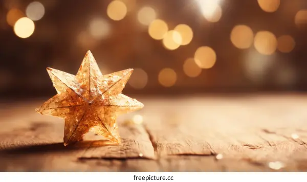 Golden Christmas Star Ornament on Wooden Table