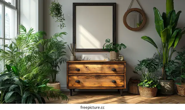 Rustic Wooden Chest of Drawers with Lush Plants