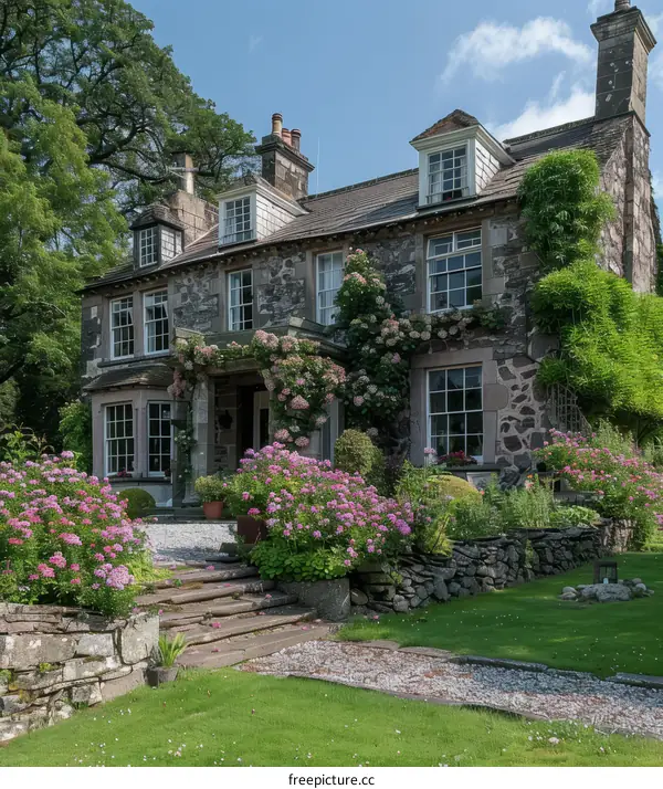 A Stone Cottage with Hydrangeas in the English Countryside