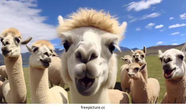 A group of alpacas looking at the camera