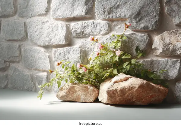 Stone Wall Decor with Plants and Flowers