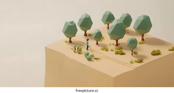 Low Poly 3D Illustration of a Man Walking Through a Forest