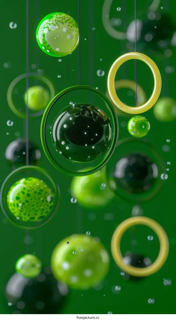 Green and yellow 3D spheres and rings