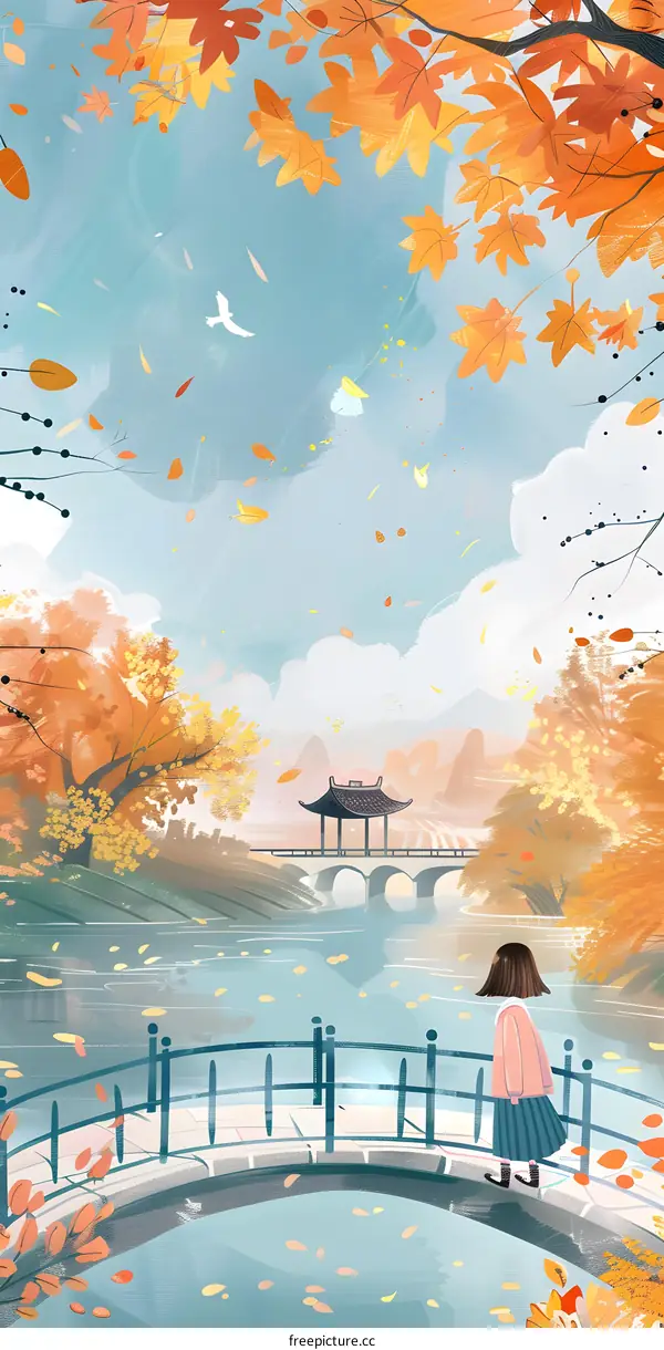 Autumn Landscape with a Girl Standing on a Bridge