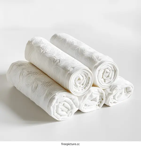 Stack of Rolled White Towels on White Background