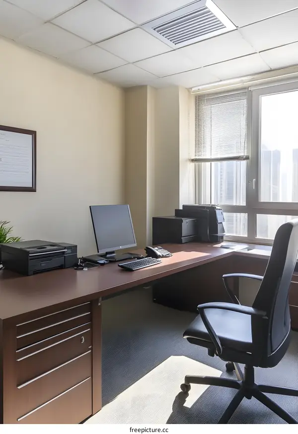 Modern Office Workspace with Large Window and Desk