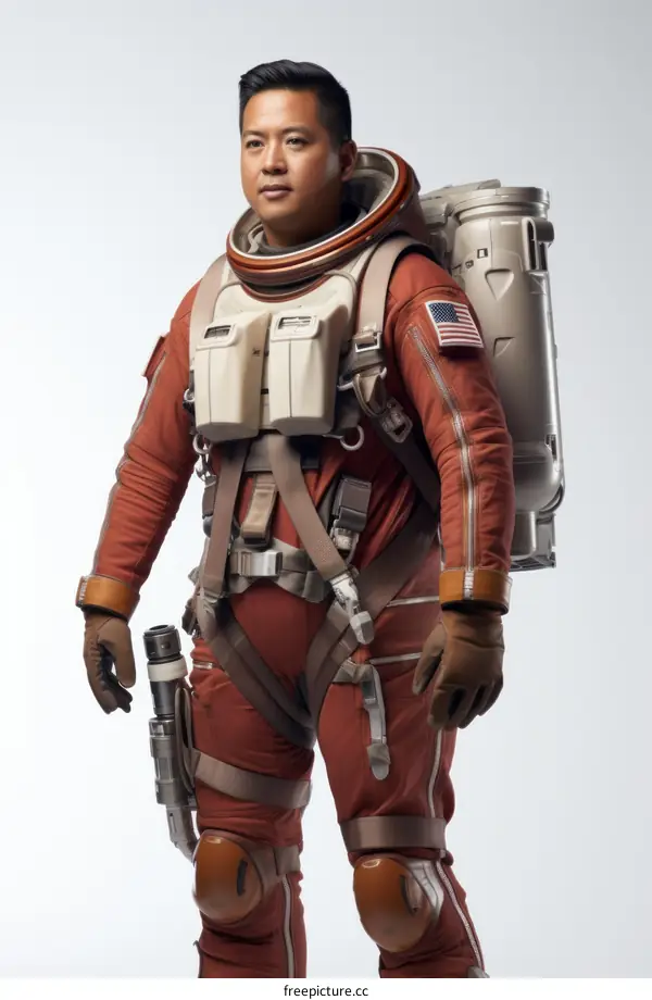 Asian Male Astronaut in Orange Spacesuit with NASA Patch