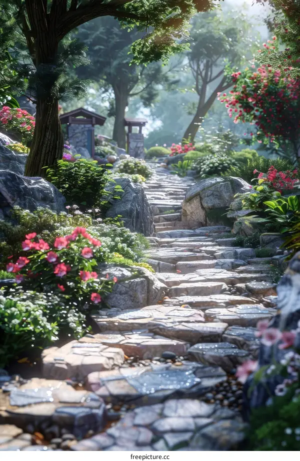 Stone Path Through a Lush Garden