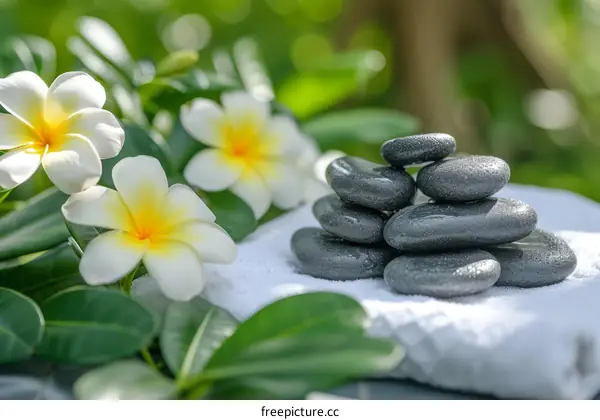 Black stones and white frangipani flowers on a white cloth