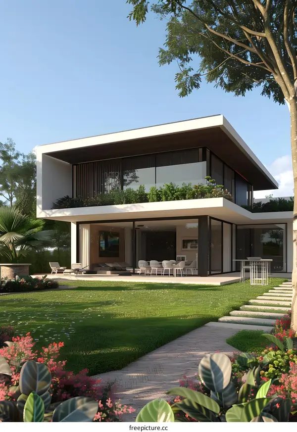 Modern House with Green Grass and Flowers