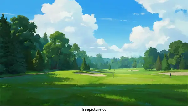 Beautiful sunny day with green golf course and fluffy clouds