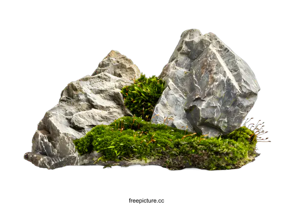 [Transparent Background PNG]Green Moss Covered Rocks on White Background