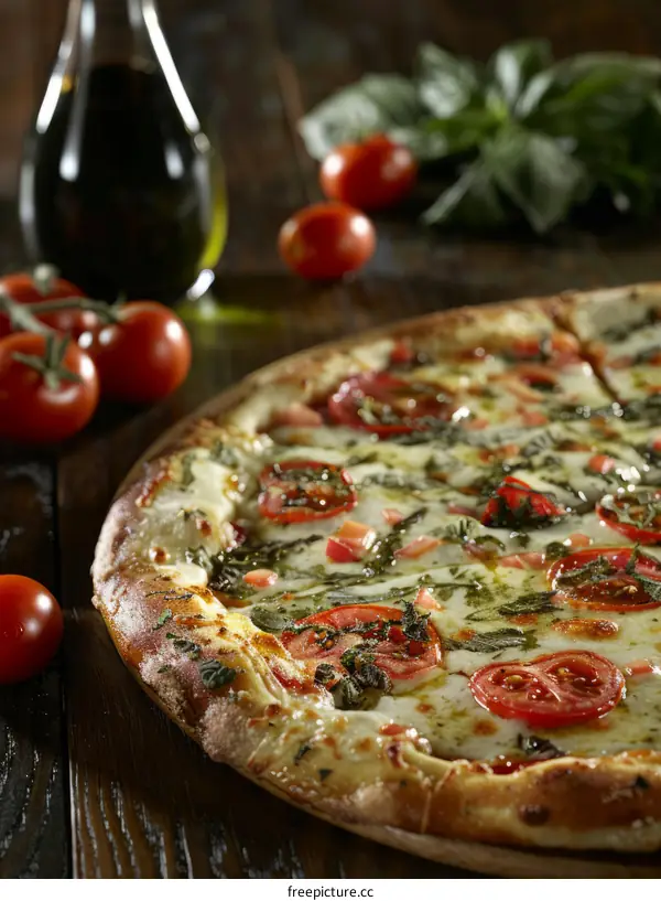 A delicious pizza with fresh tomatoes and basil