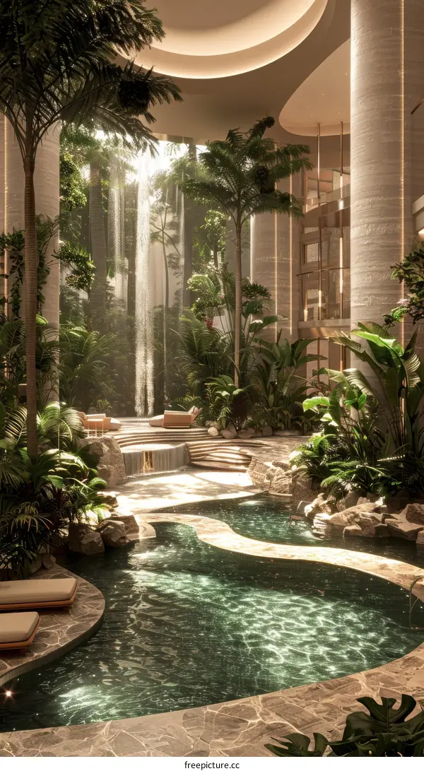 Tropical Indoor Pool With Waterfall