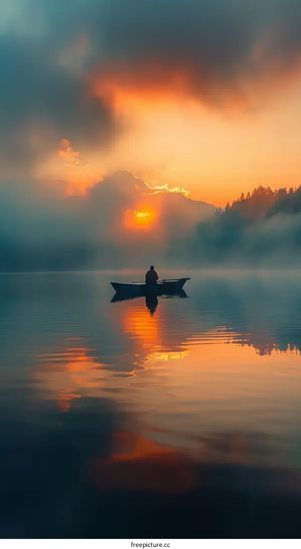 Man fishing in lake at sunset with mountain in background