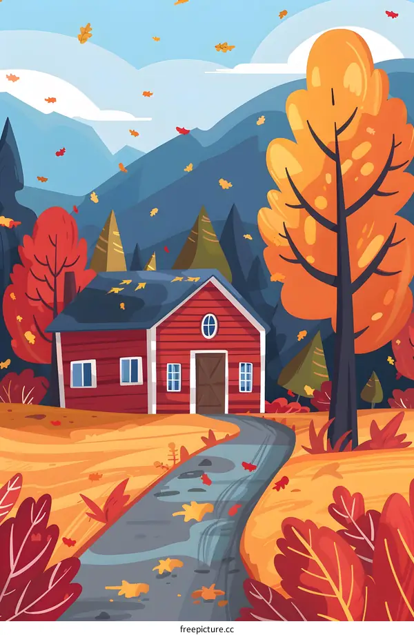 Autumn Landscape With Red House and Winding Road