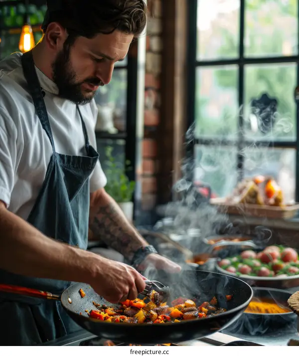 Male chef cooking with a pan in a commercial kitchen