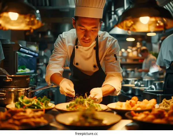 Asian chef seasoning food in a commercial kitchen