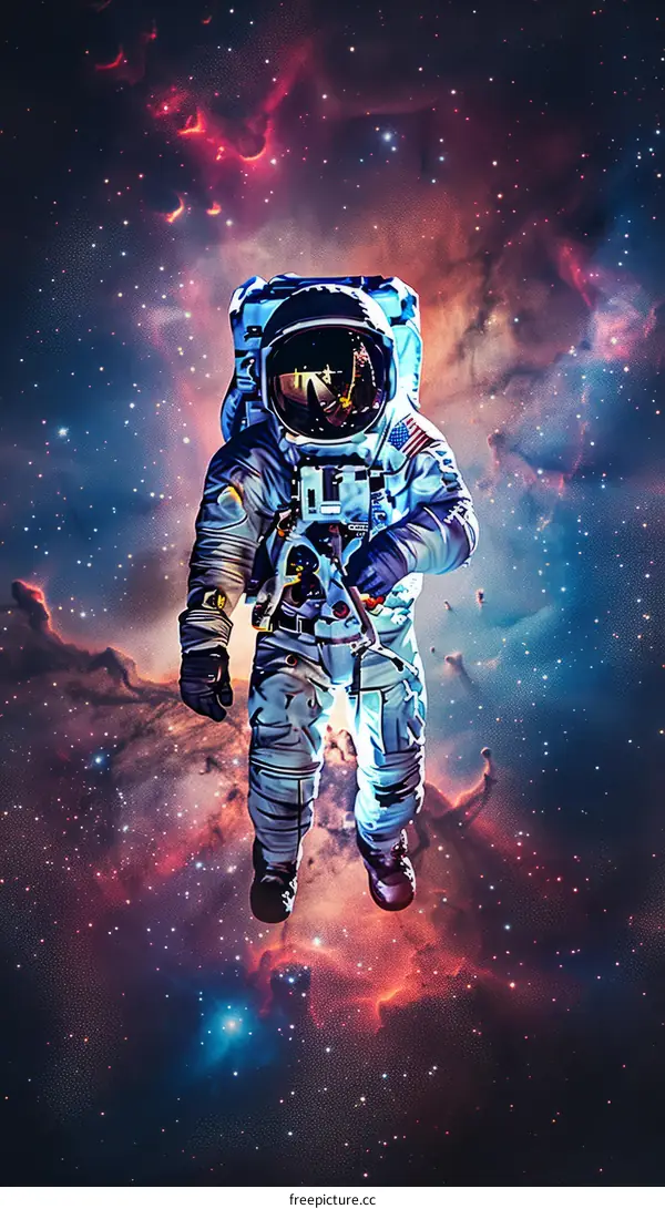 Astronaut in spacesuit with colorful nebula and stars in the background