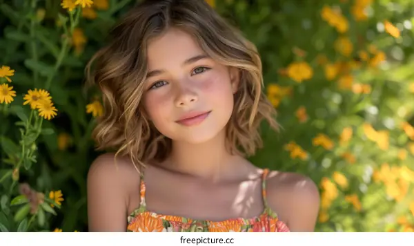 Portrait of a beautiful young girl with freckles and brown hair standing in a field of yellow flowers