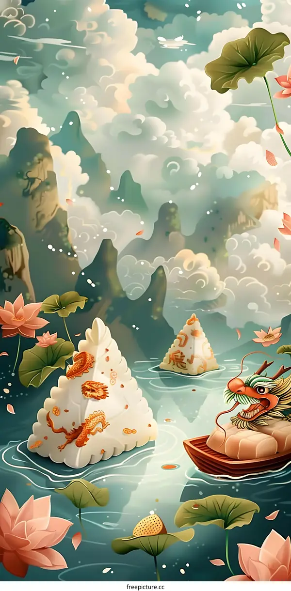 Dragon Boat Festival Scene with Mountains and Water