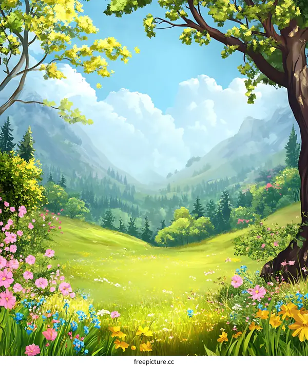 Green Meadow with Mountains and Flowers