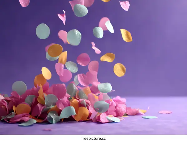 Colorful Confetti Falling on a Purple Background