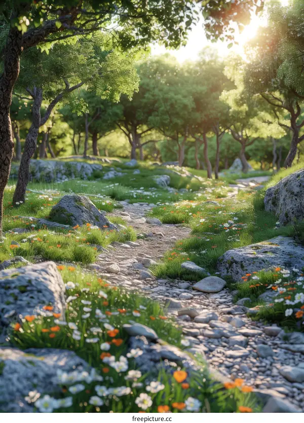 The Serene Forest Path Bathed in Sunlight