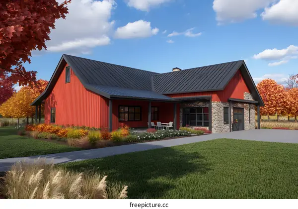Modern Red Farmhouse with Stone Accents and Fall Foliage