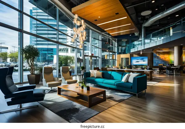Modern office lobby interior with blue sofa and chairs