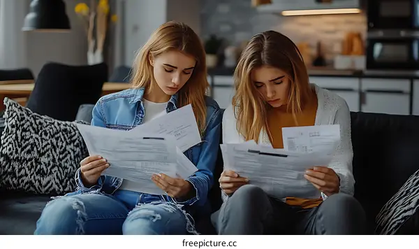 Two Caucasian Women Reviewing Bills at Home
