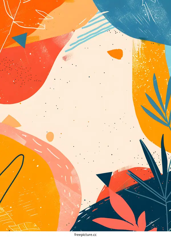 Abstract Colorful Illustration with Geometric Shapes and Leaves