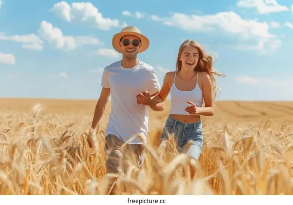 Young couple running through a wheat field