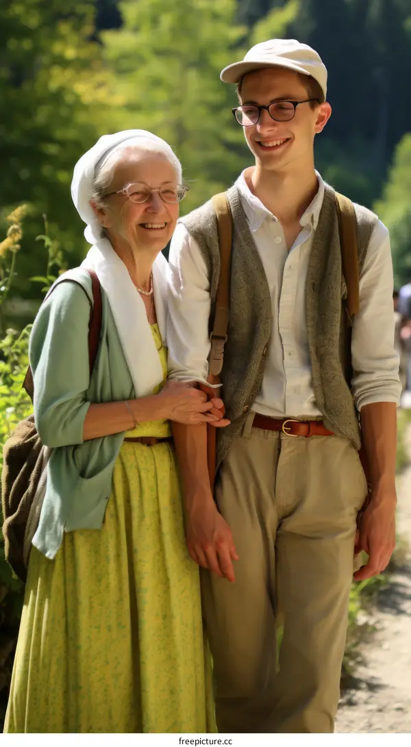 An elderly woman and a young man are walking in the woods.