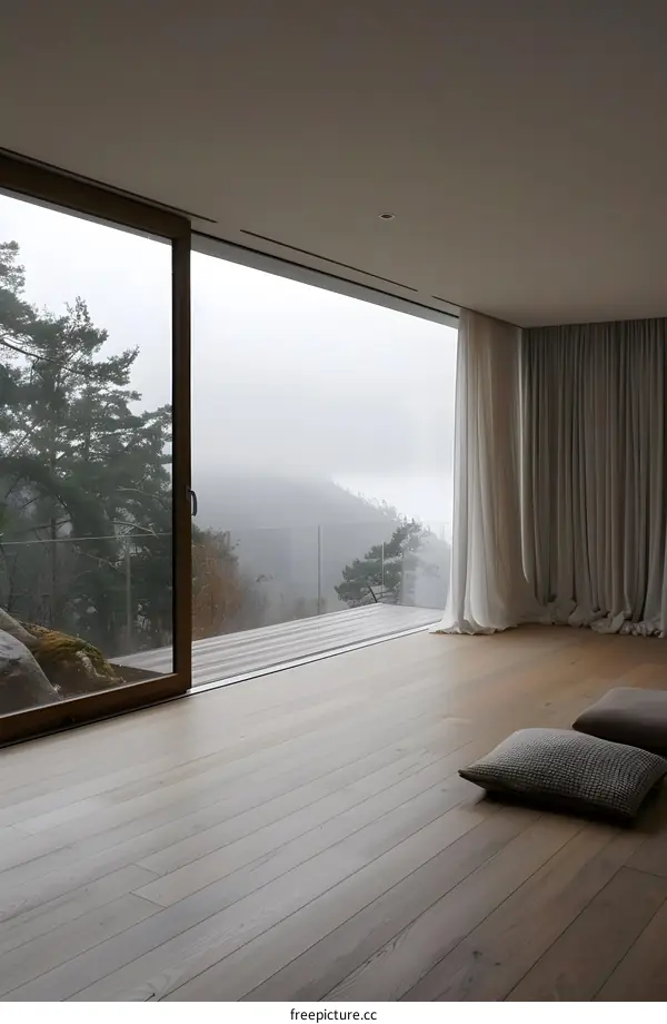 Modern House With Large Windows Overlooking Foggy Mountain View