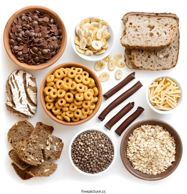 Assortment of Breakfast Cereals, Bread, and Chocolate