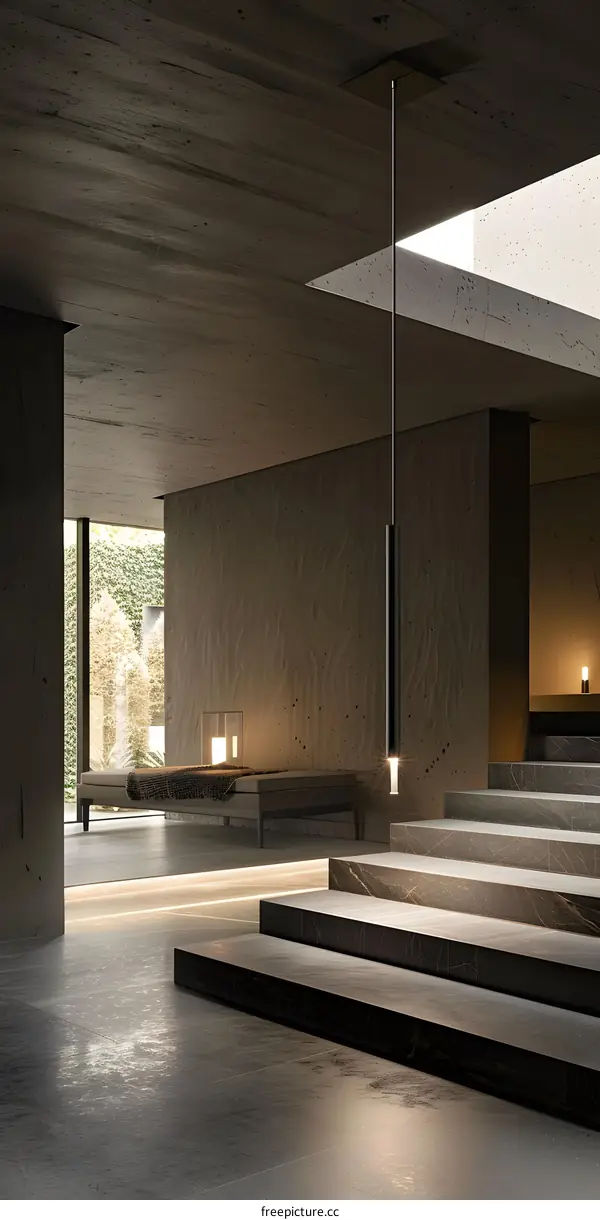Minimalist Interior Design with Concrete Walls and a Long Pendant Light