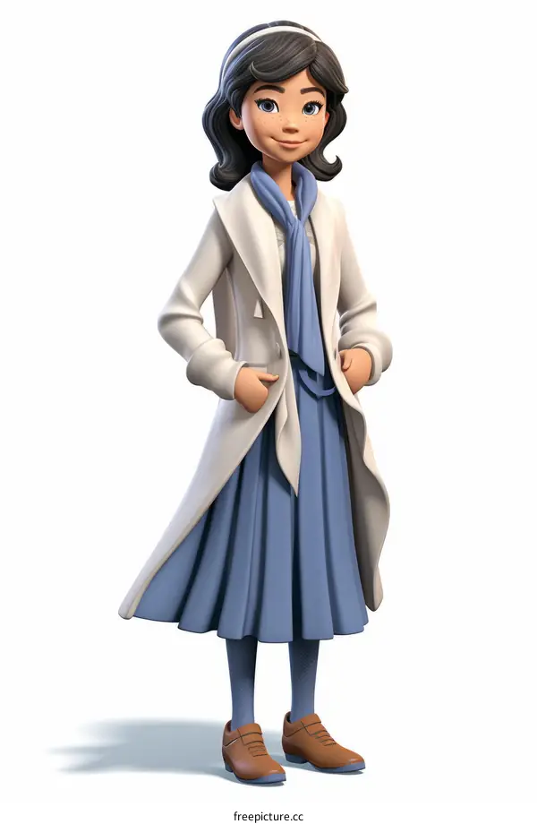 Confident young woman wearing a blue dress and white coat