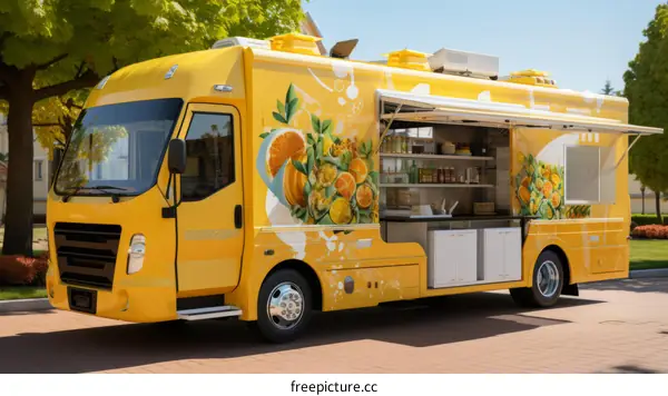 Yellow Food Truck Parked in a Park with a Large Tree