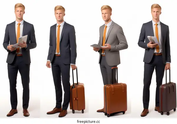 Four businessmen in suits with luggage