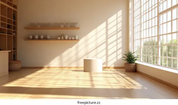 Empty Beige Minimalist Kitchen Interior Scene with Sunlight