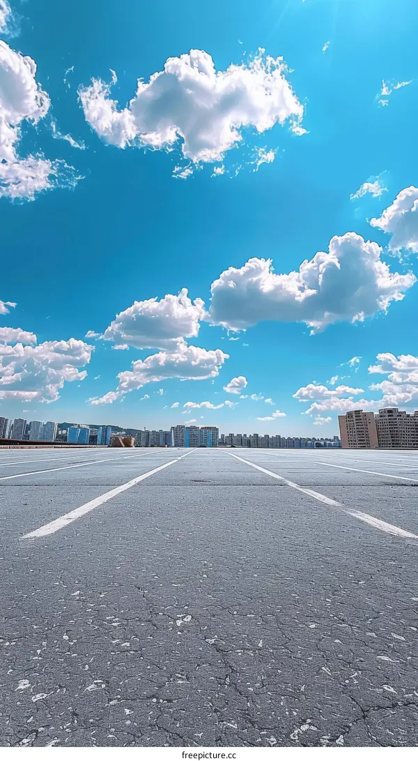 Empty Urban Road with Blue Sky and White Clouds