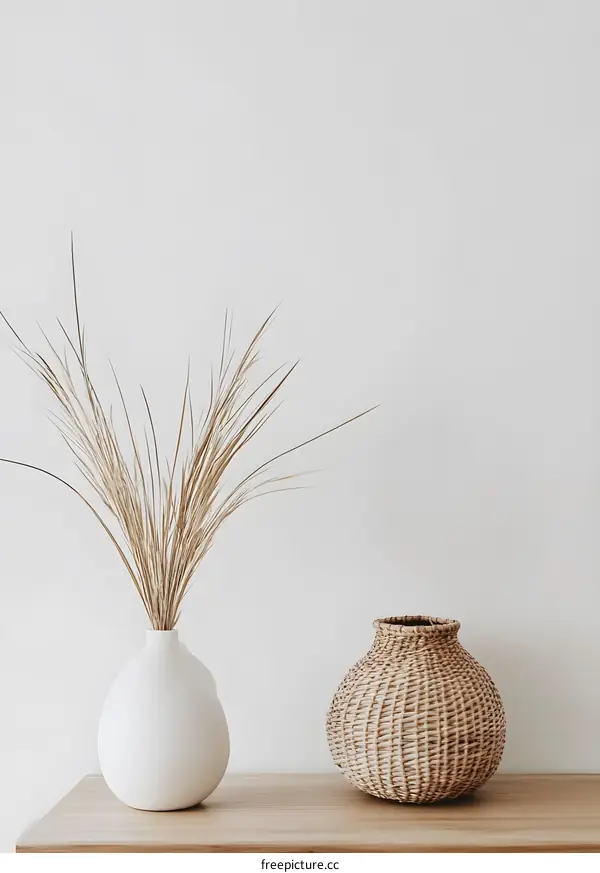 Simple White Vase with Dried Grass and Woven Basket on Wooden Table