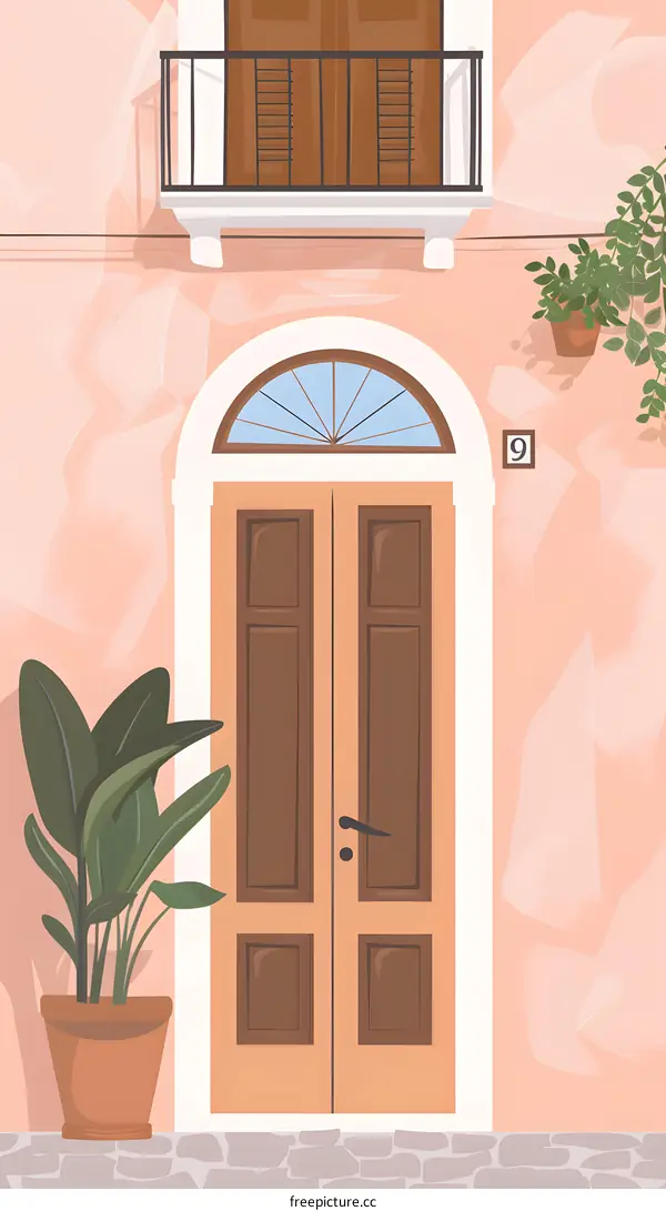 Illustration of a Pink Building with a Brown Door and Balcony