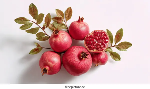 Group of Fresh Pomegranates with Green Leaves