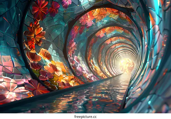 Stained Glass Tunnel of Flowers and Water