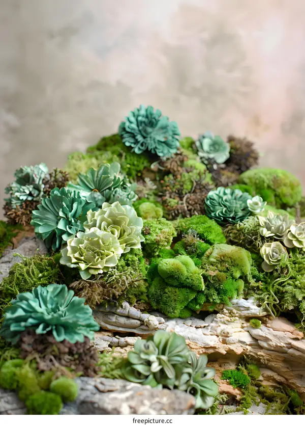 Green Moss and Succulents on a Tree Branch