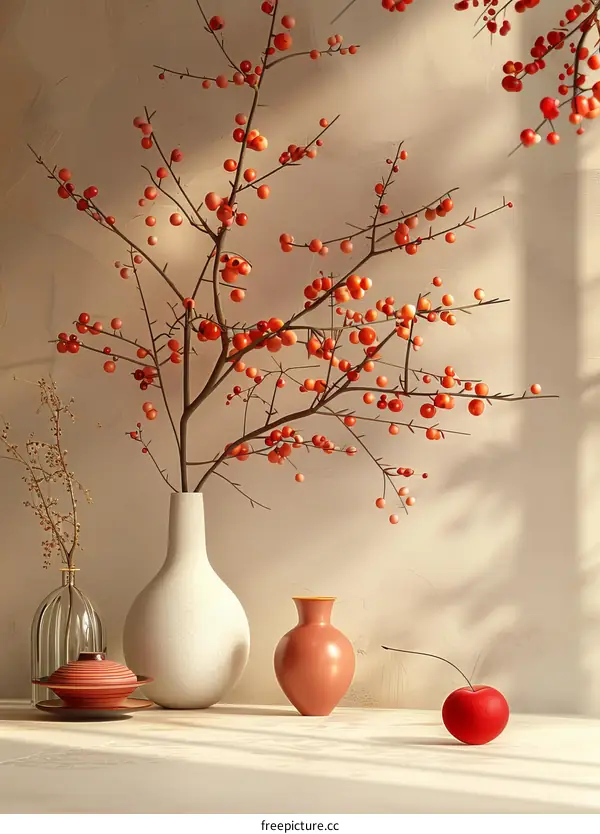 Still Life Arrangement of Decorative Vases and Berries