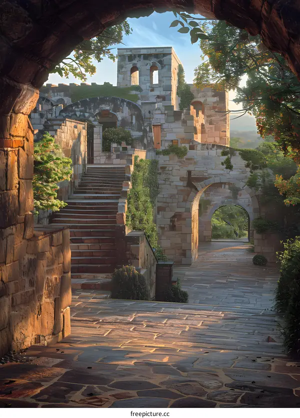 Stone archway and stairs leading to a castle