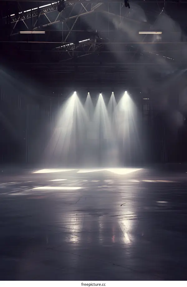 Empty Stage With Bright Spotlights In An Industrial Building